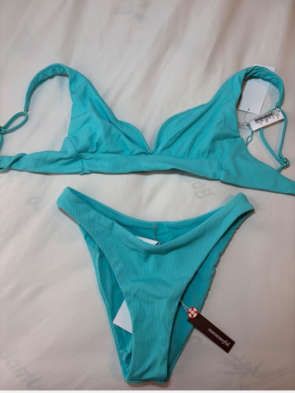 Aqua Turquoise Ribbed Bikini Set - Women's Swim